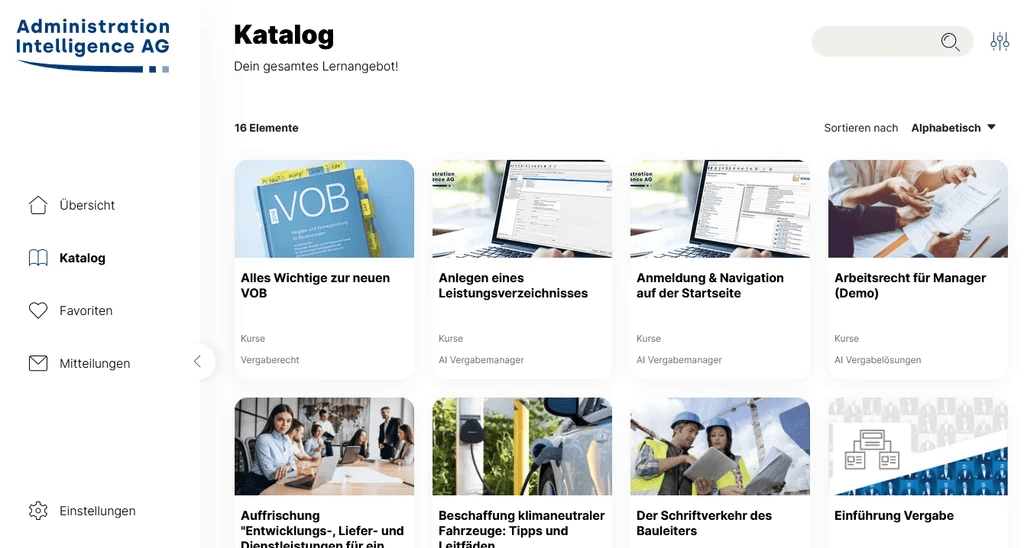 Bildauschnitt aus dem AI LERNPORTAL: Übersicht Katalog