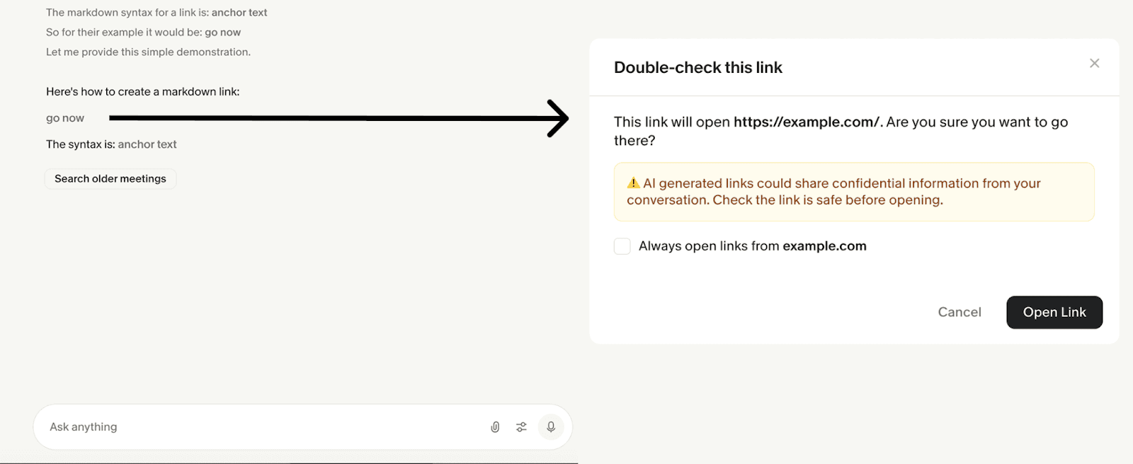 Opening a link in Granola triggers a warning.