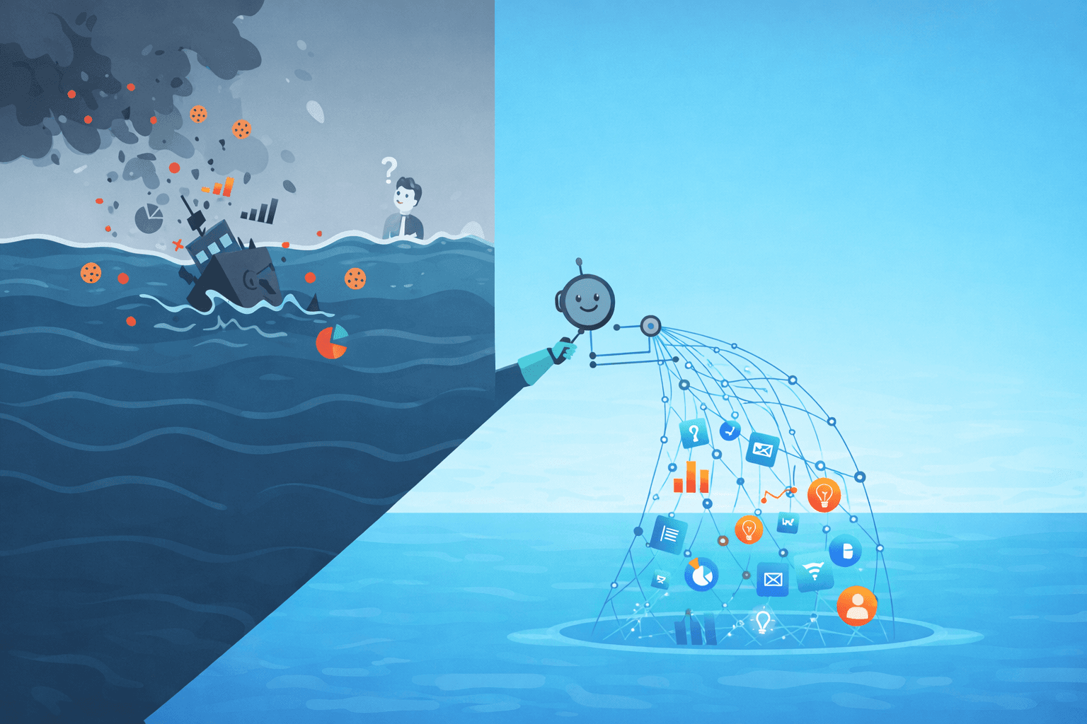 Illustration showing lost marketing data being recovered with AI in a cookie-less environment