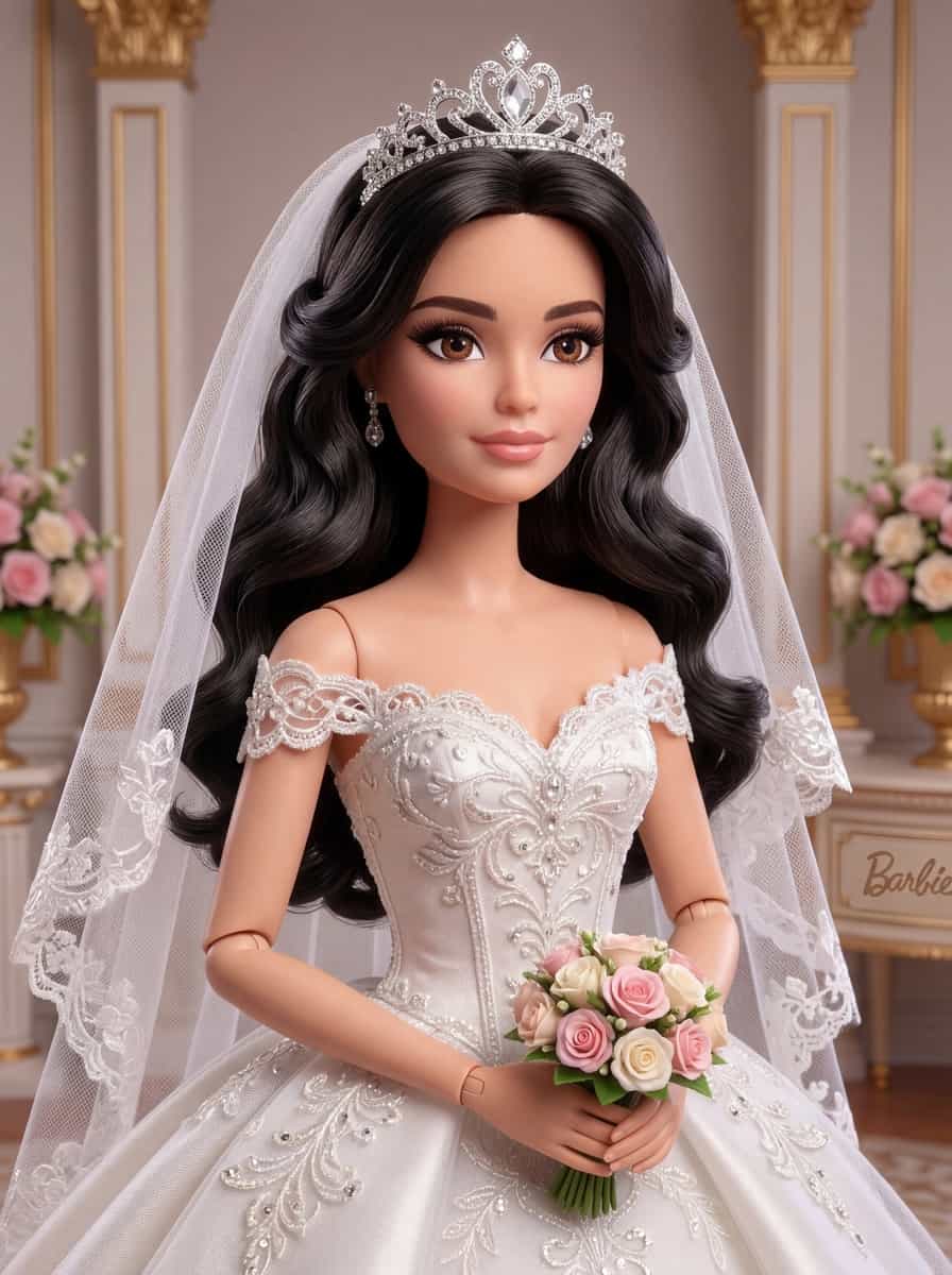 Humanoid doll, wedding dress, 3D female, elegant, romantic scene.