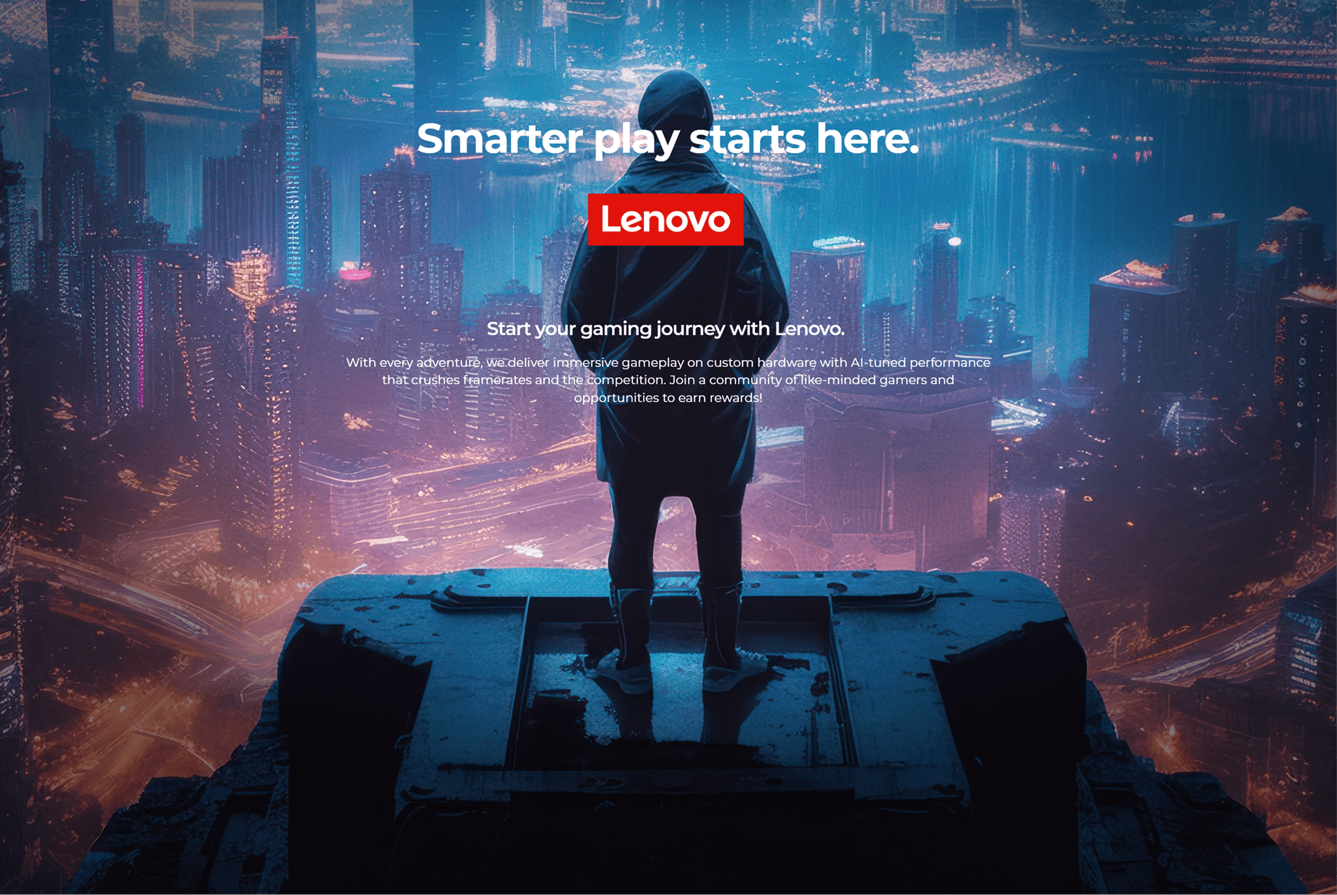 Full-bleed gaming hero of a hooded figure on a rooftop above a neon inverted cityscape, headlined Smarter play starts here