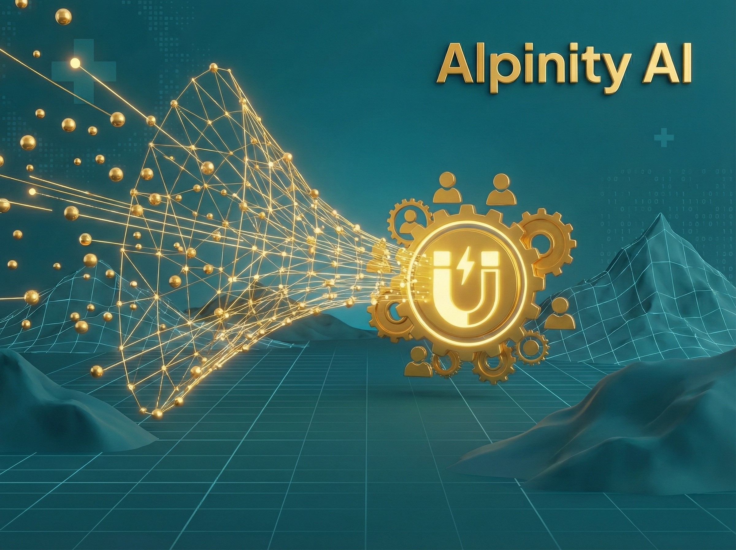 Goldener Datentrichter fließt in ein Magnet-Symbol mit Zahnrädern, visualisiert KI-gestützte Lead Generierung über einer Schweizer Landschaft.