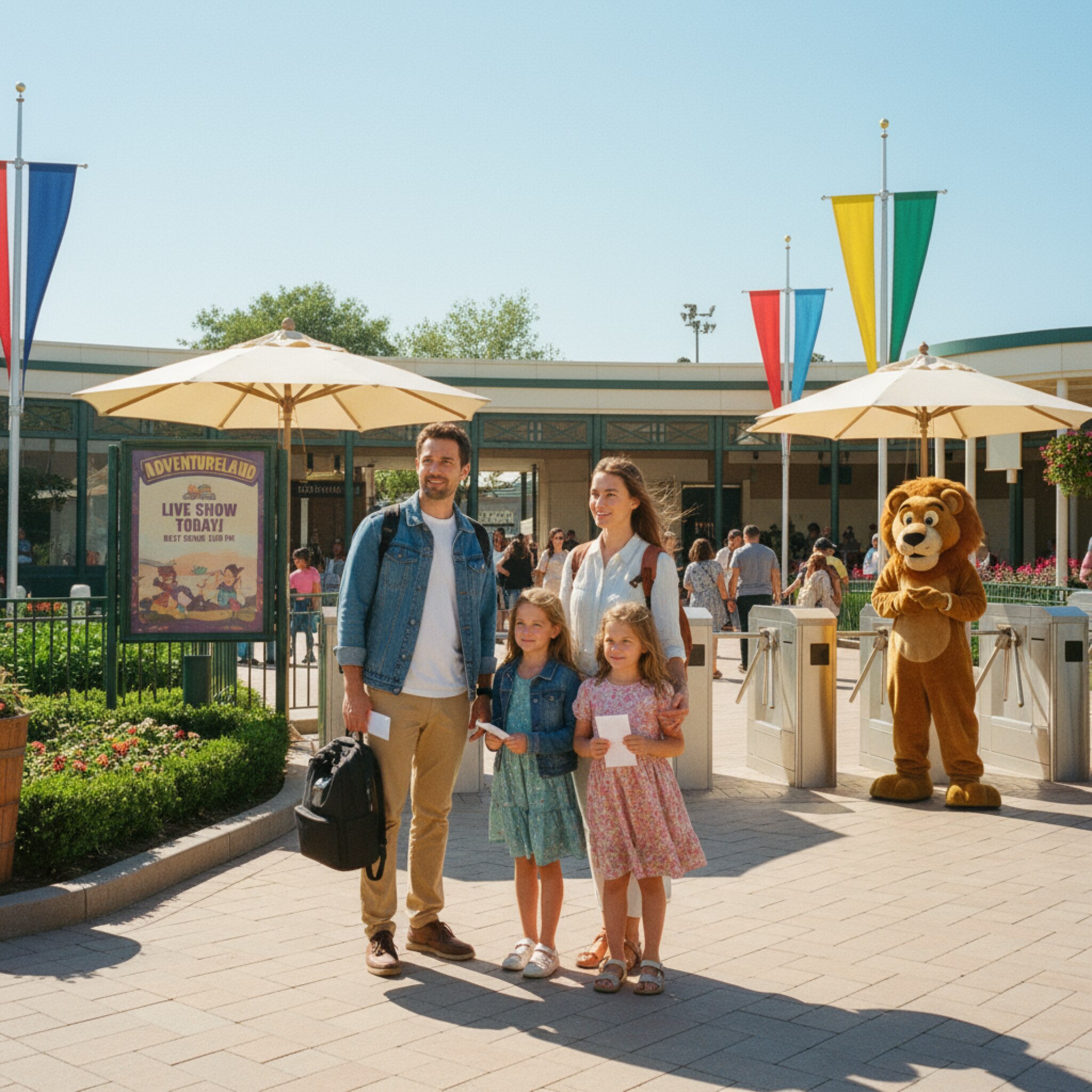 Am Haupteingang unter blauem Himmel rückt eine Familie ihre Rucksäcke zurecht, während Drehkreuze leise klicken. Ein Maskottchen winkt von der Seite, Sonnenschirme werfen weiche Schatten. Ein Plakat kündigt die nächste Show an. Die Stimmung ist erwartungsvoll, geordnet und freundlich.