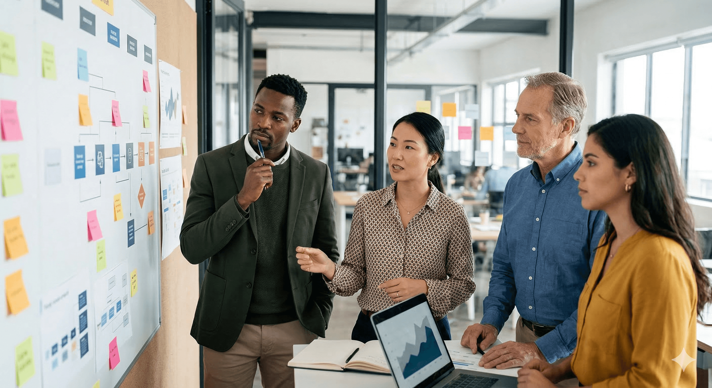 Several professionals are engaged in a collaborative discussion, examining a whiteboard filled with sticky notes and graphs in a modern office setting, illustrating concepts related to strategies such as the "Five AI Value Models: A Roadmap to Lasting Advantage."