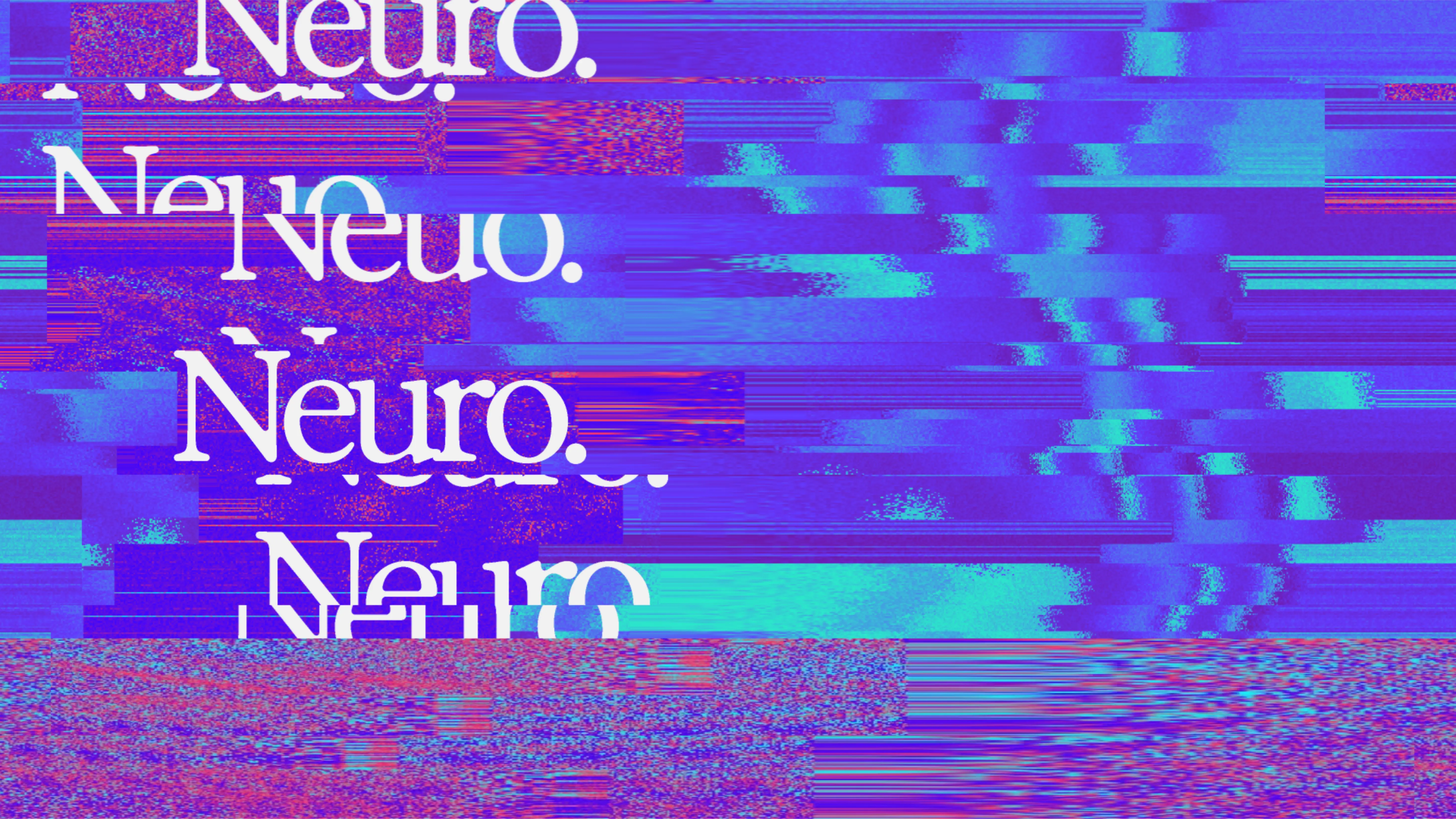 Neuro wordmark repeated over a glitchy purple and blue pixel pattern