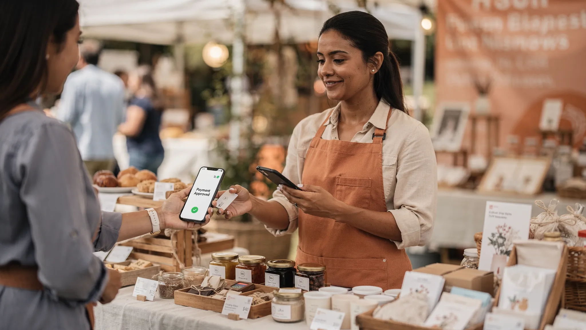 A small business owner at a market stall holding an Android phone and accepting a contactless tap from a customer’s card, with a simple “payment approved” confirmation on the phone screen facing the owner.