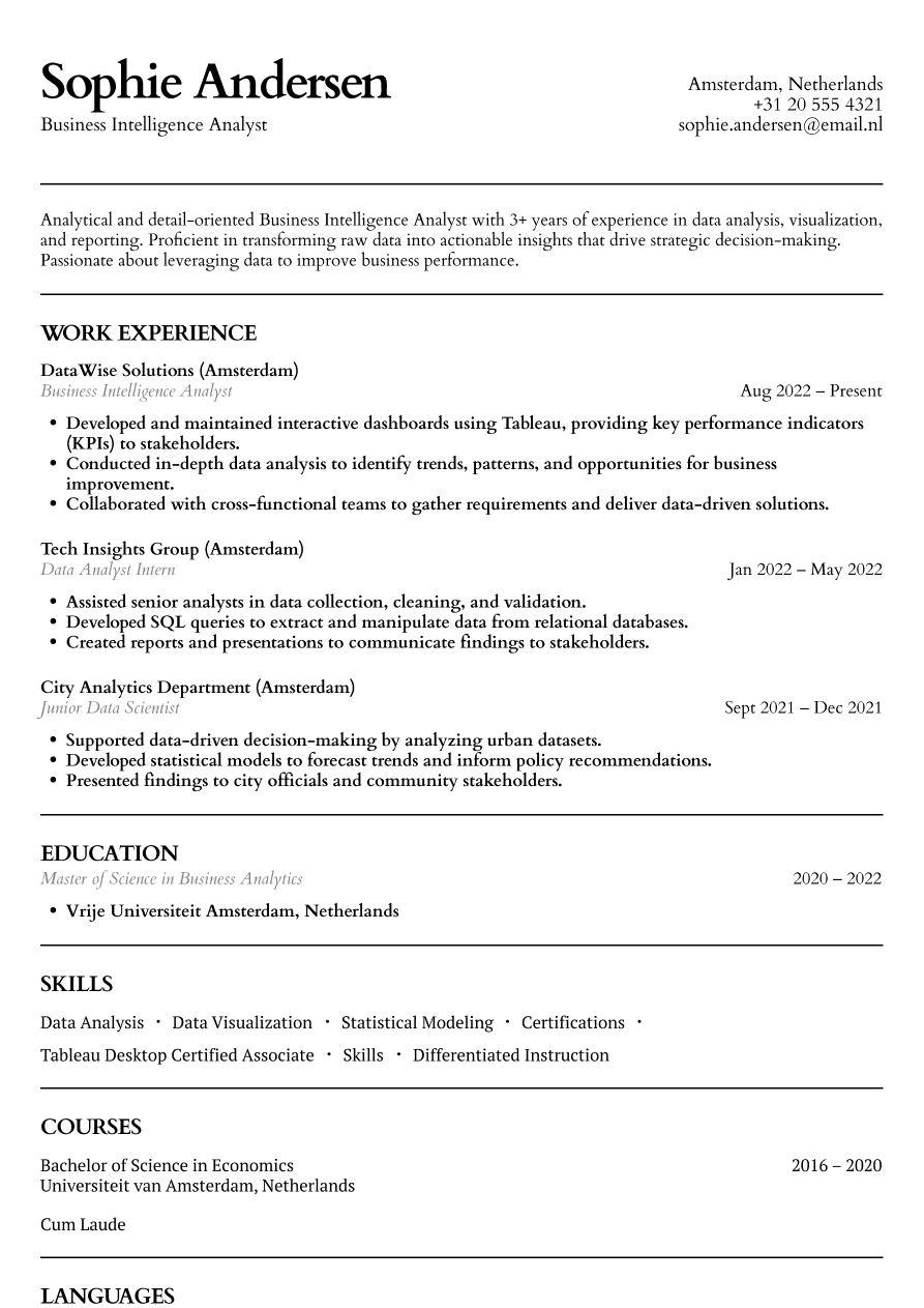 Business intelligence analyst resume example
