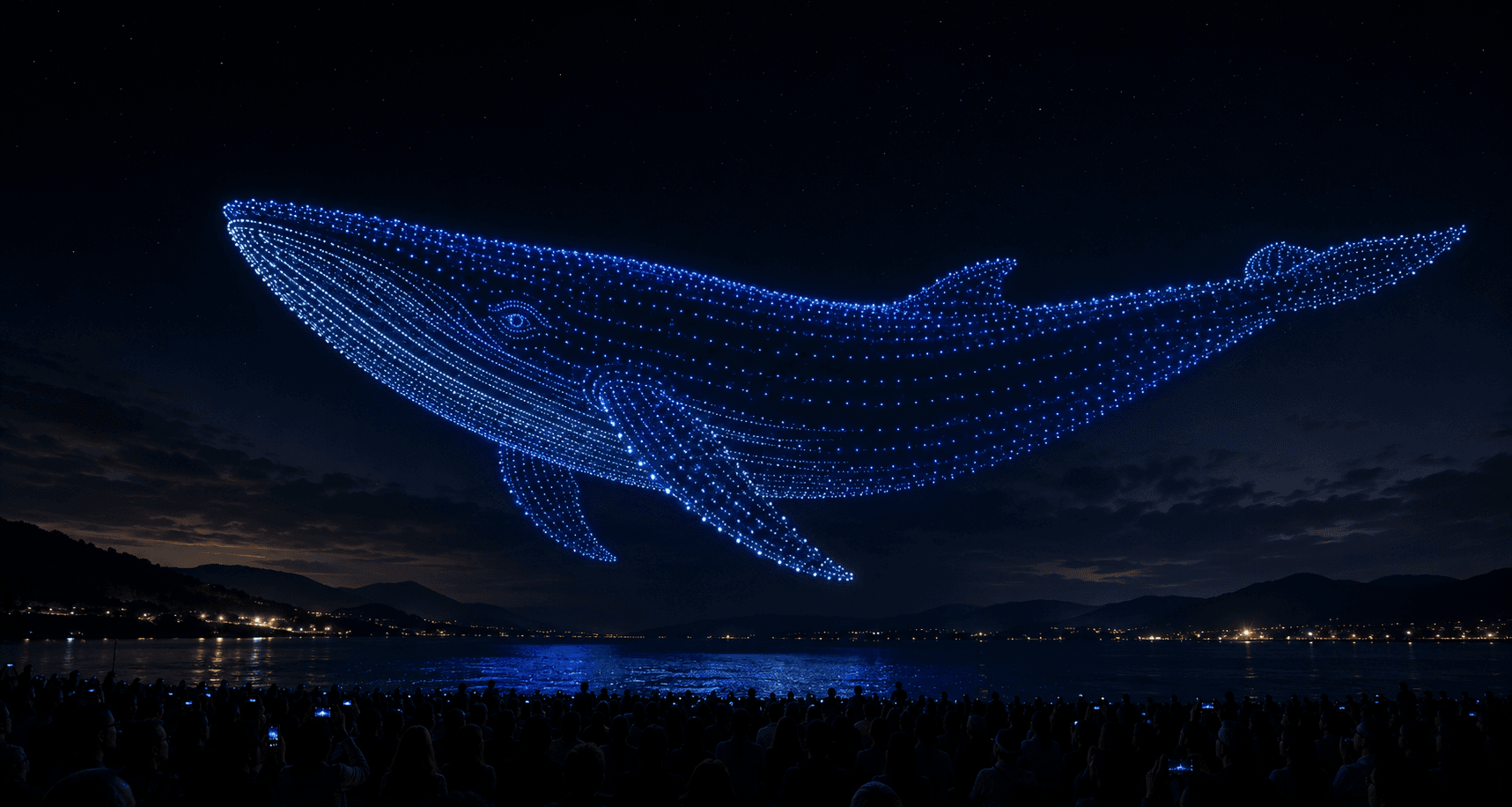 Drone light formation creating an artistic image in the night sky