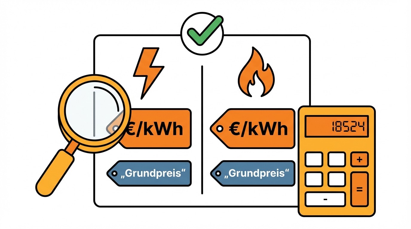Illustration zum Strom- und Gasvergleich mit Lupe, Rechner und Preisschildern für €/kWh und Grundpreis.