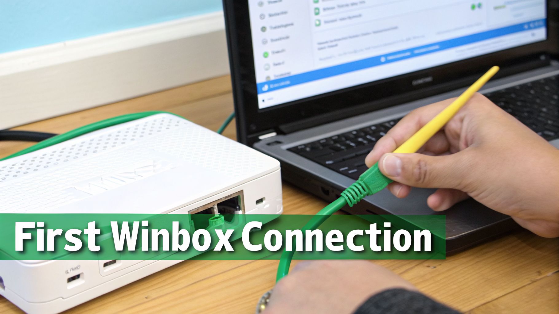 A person connects a green Ethernet cable to a white network router, with a laptop in the background.