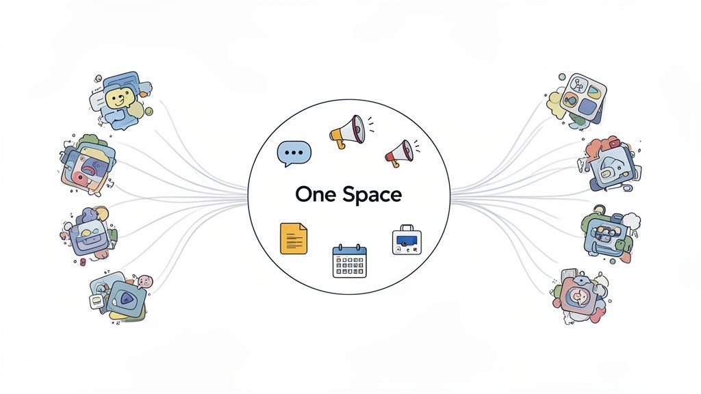 A central 'One Space' circle connects diverse communication and productivity tools for streamlined workflow.