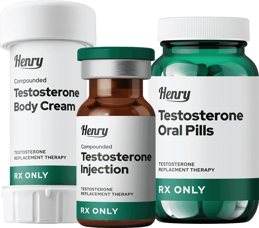Three bottles of testosterone medication: body cream, injection, and oral pills, all labeled "RX ONLY."