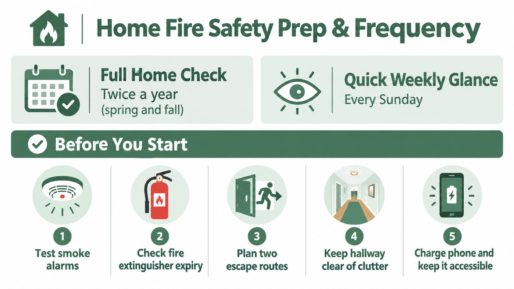 A checklist infographic illustrating home fire safety preparation and maintenance routines with icons for alarms and escape plans.