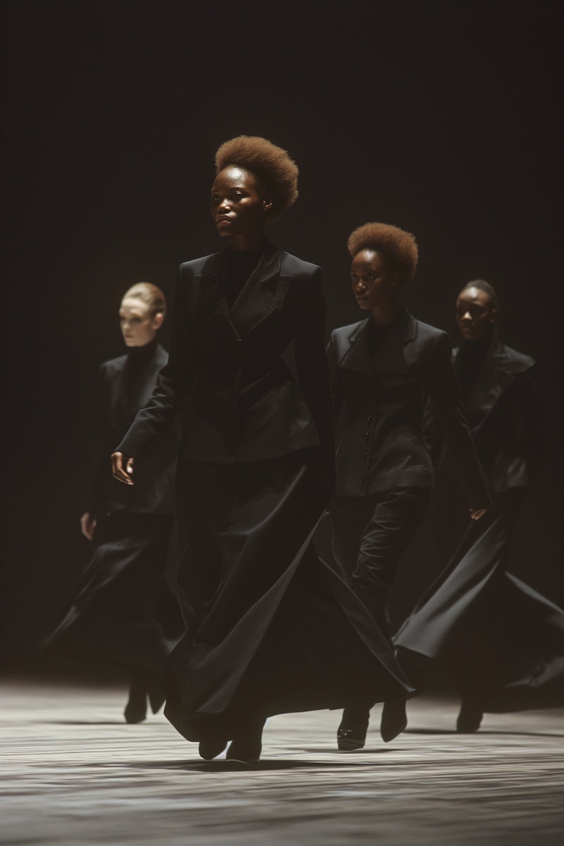 Models in elegant black suits walk a dimly lit runway, showcasing dramatic fashion with flowing skirts and confident expressions.