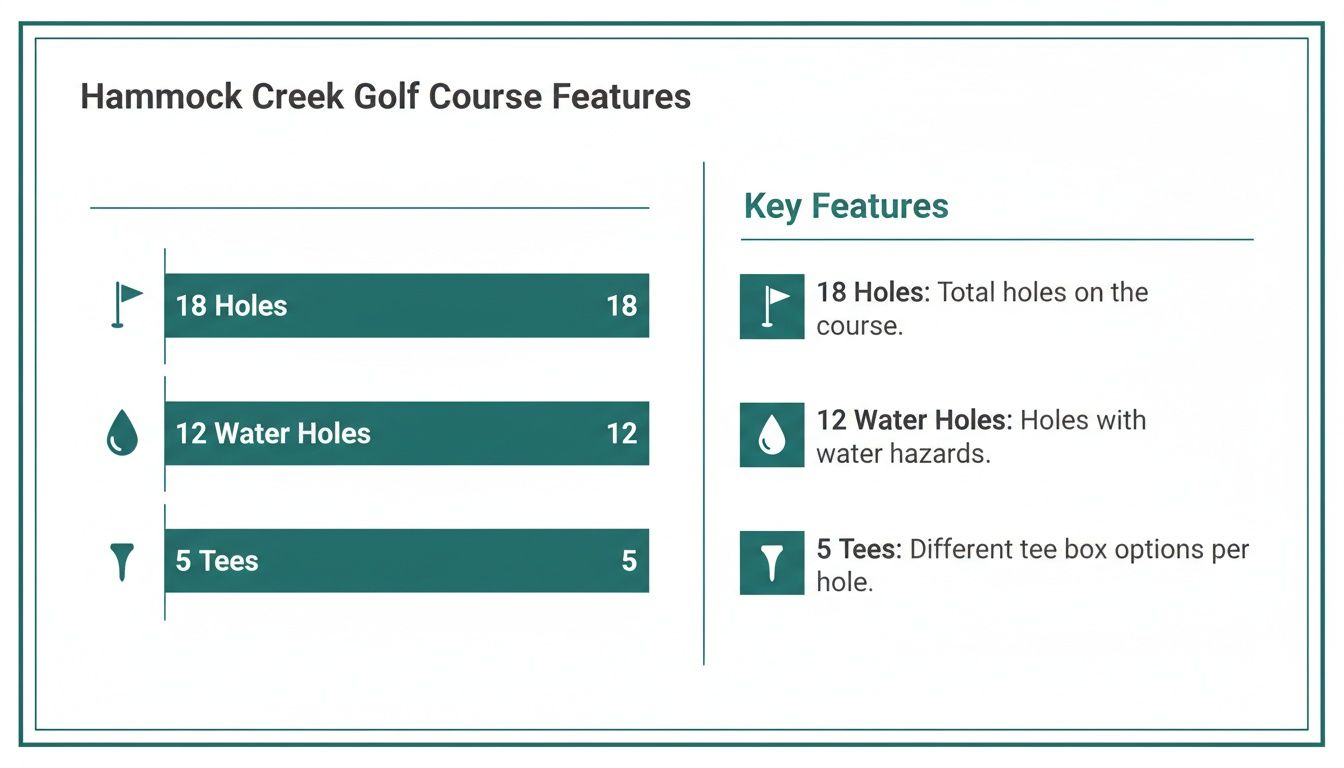 Hammock Creek Golf Course features chart detailing 18 holes, 12 water holes, and 5 tee options.