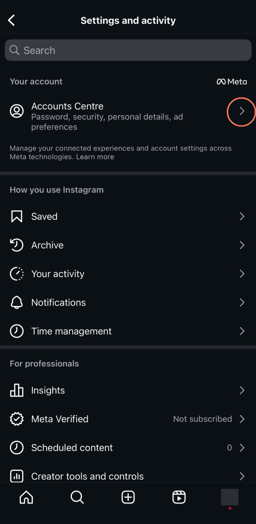 Accounts Center option in Instagram settings
