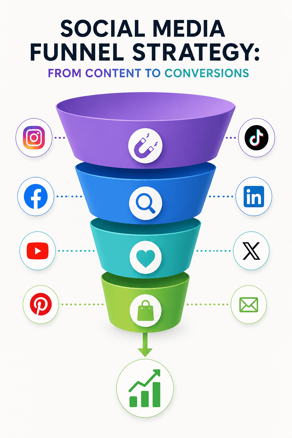 3D social media marketing funnel leading from content engagement to business conversions