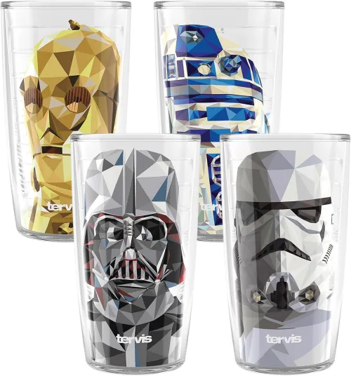 4 Tervis pint glasses with designs of C3PO, R2-D2, Darth Vader, and a stormtrooper