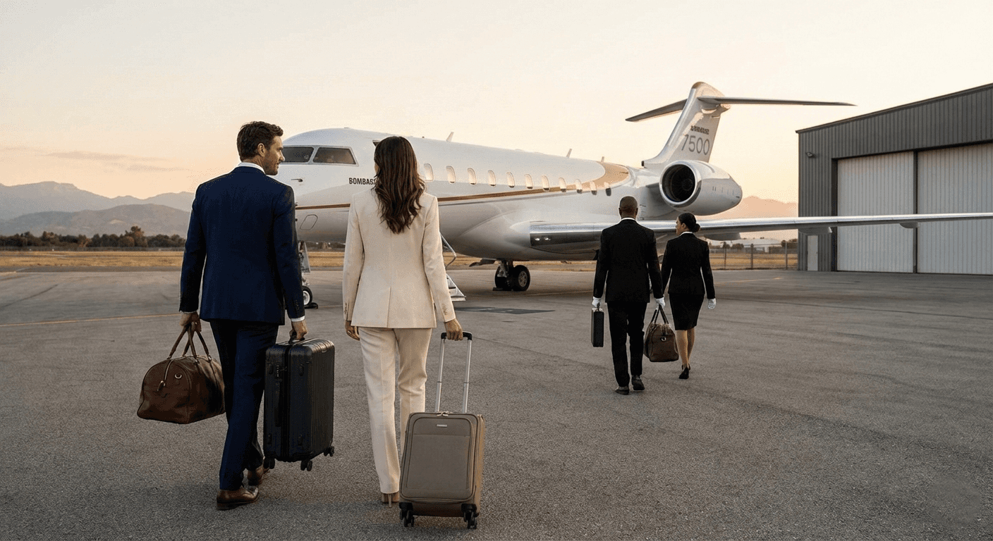 Geschäftsmann und Geschäftsfrau mit Gepäck besteigen bei Sonnenuntergang auf dem Rollfeld einen Privatjet.