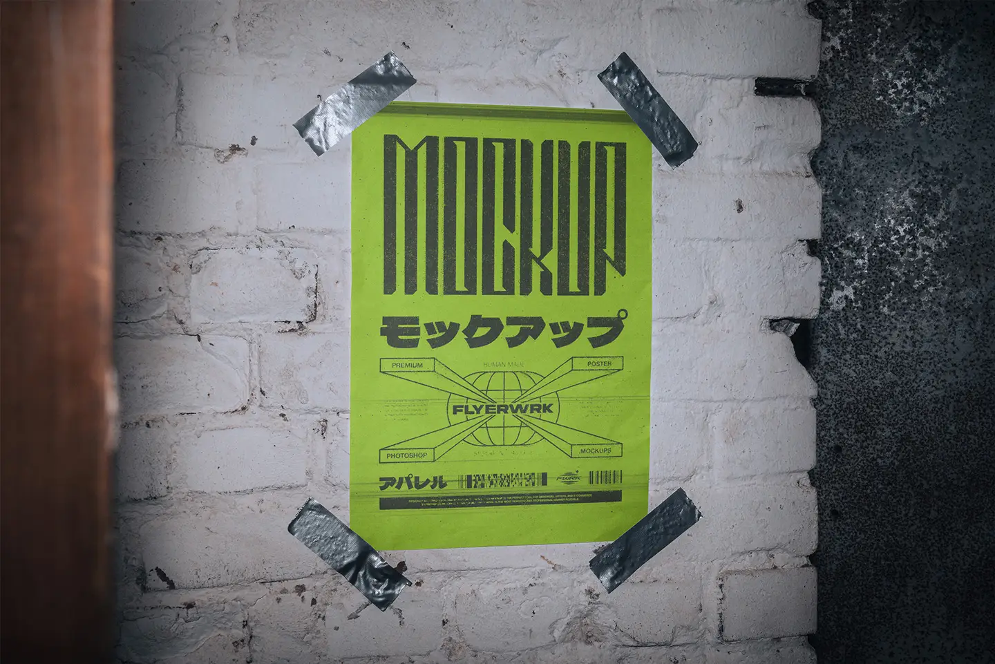 Taped A3 poster mockup on a stained wall displaying a vibrant neon green experimental graphic design