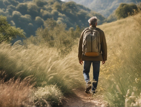 adult person walking in nature with a backpack