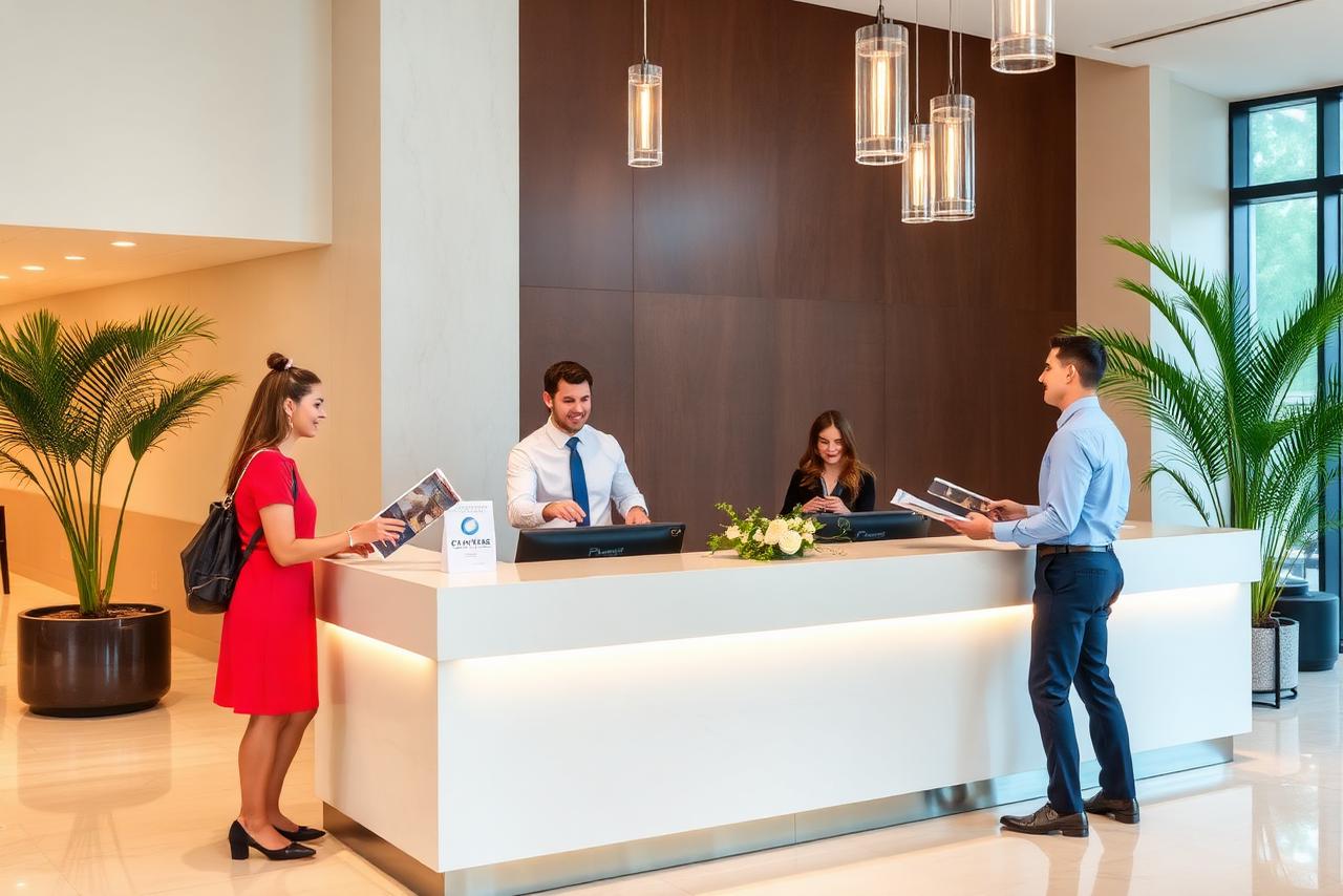 Hotel concierge helping guests with adventure bookings