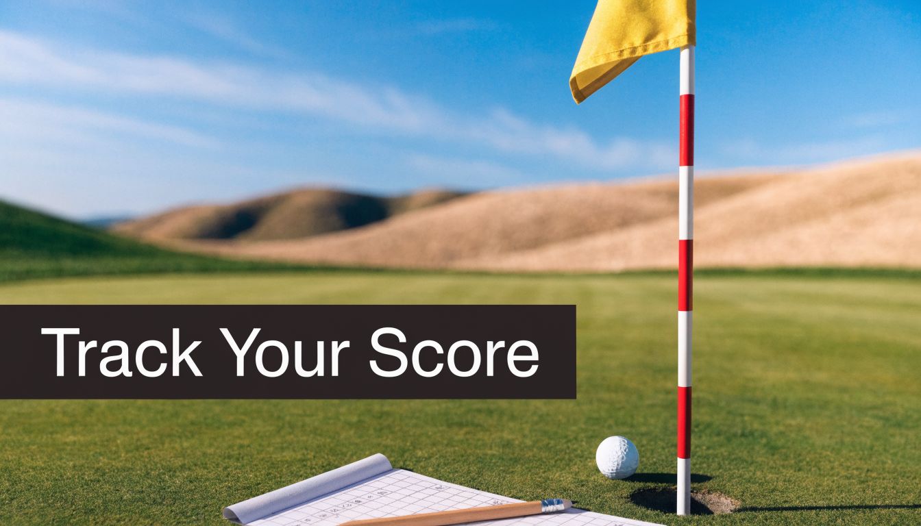 A golf ball and scorecard placed on a lush green golf course near the flagstick.