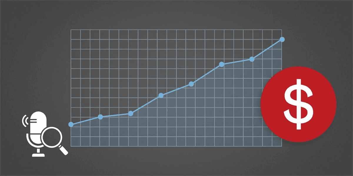 A graphic with a voice search symbol at the base of a line graph that's charting upward toward a dollar sign symbol.