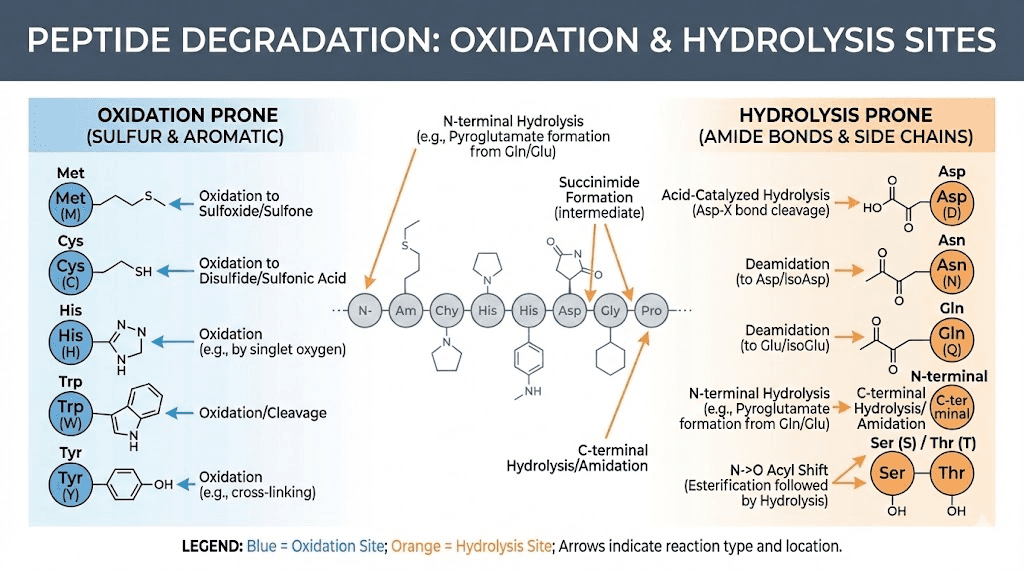 Amino acid degradation vulnerability chart showing oxidation and hydrolysis prone residues