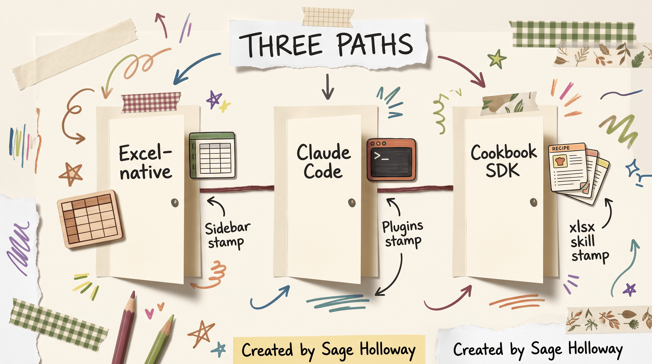 Scrapbook diagram of Excel-native, Claude Code, and Cookbook SDK paths for AI financial modeling