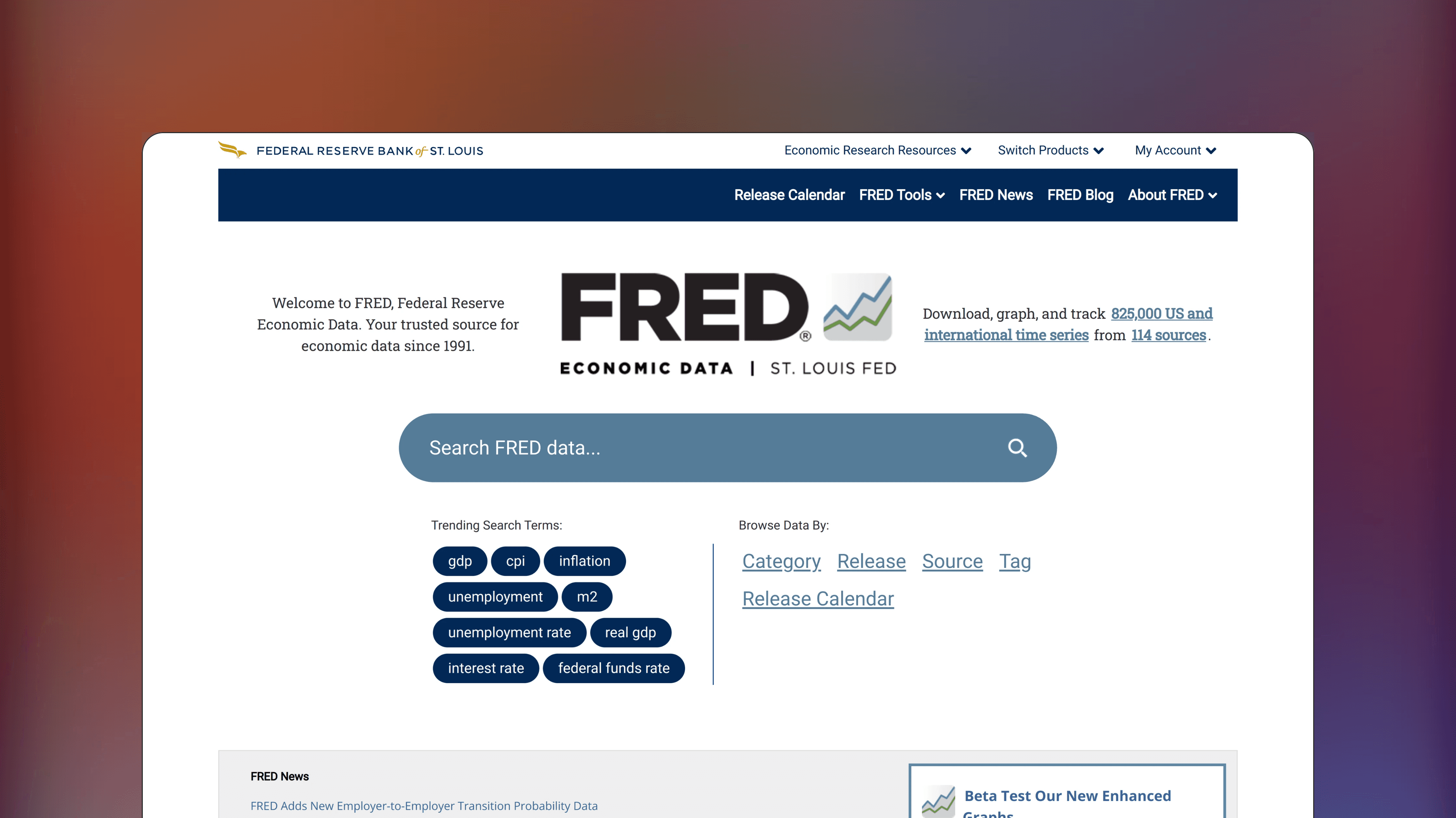 Website preview of FRED (Federal Reserve Economic Data), trade analytics screener platform displaying time-series charts of economic indicators.
