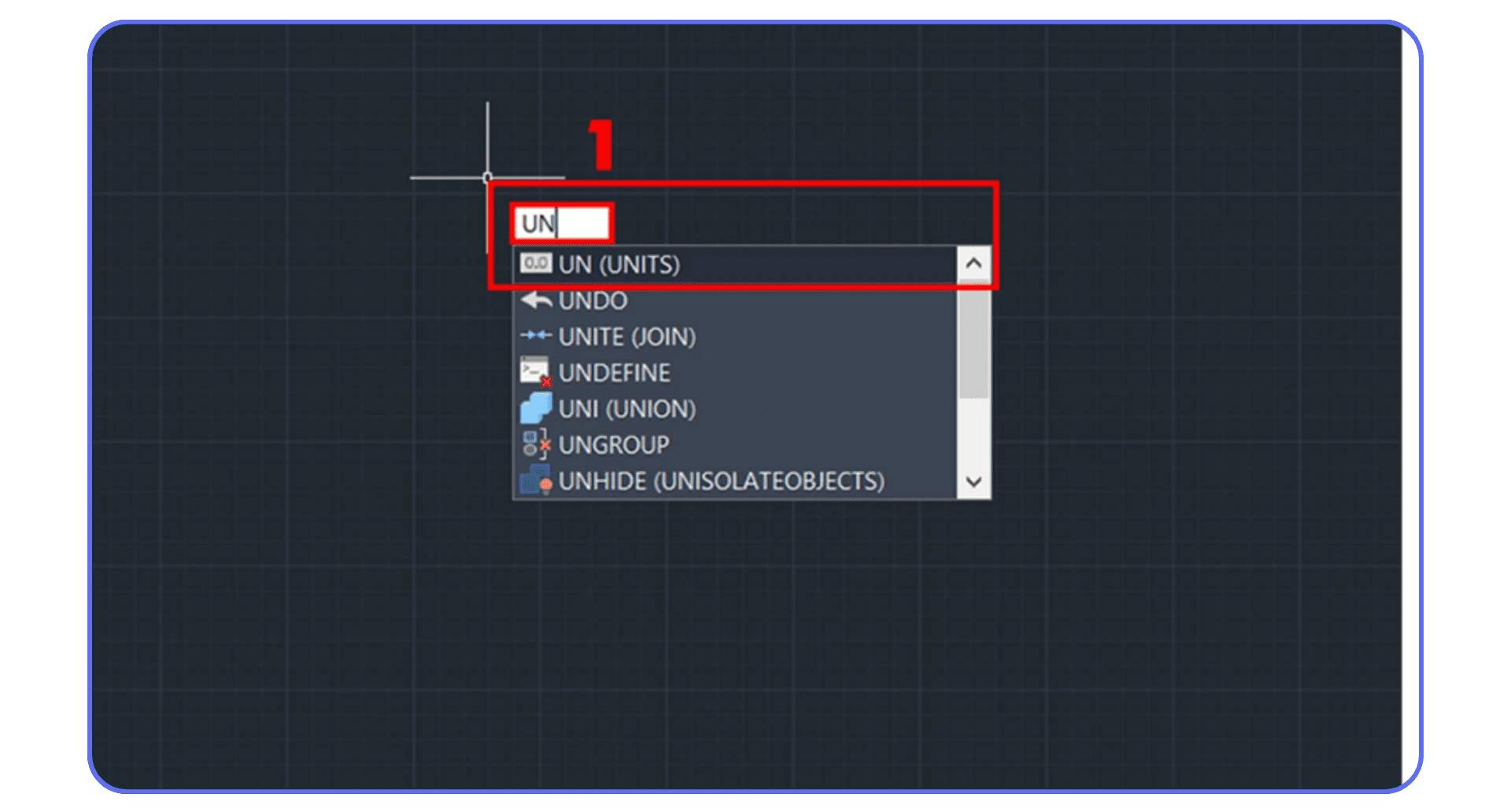 AutoCAD command line showing the user typing “UN” to access the UNITS command.