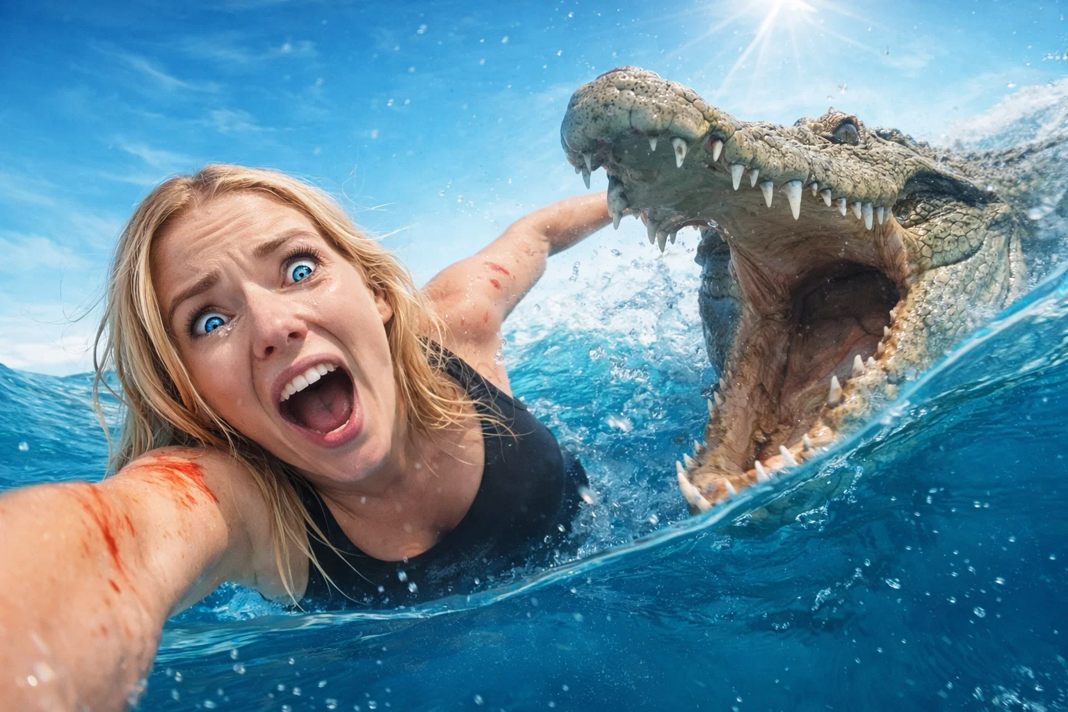 Terrified woman swimming in blue water as a crocodile lunges with open jaws.
