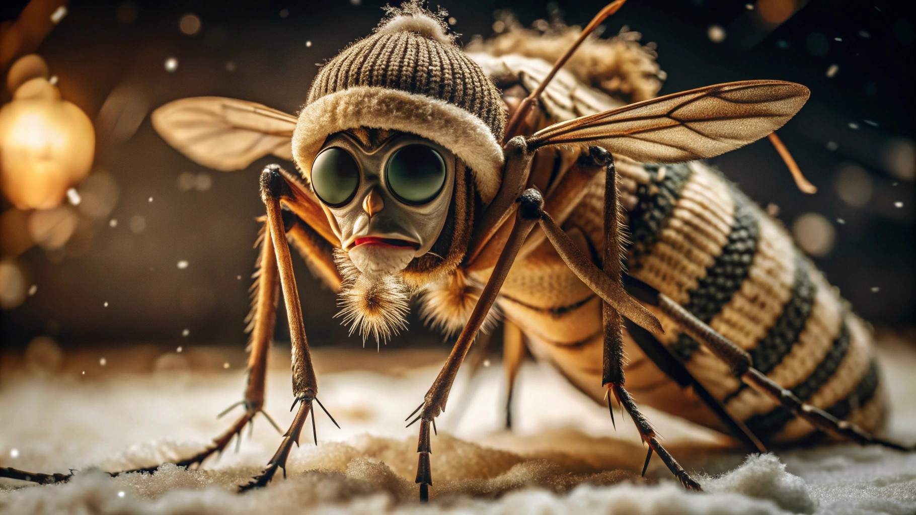 unhappy mosquito dressed in warm clothes in the winter