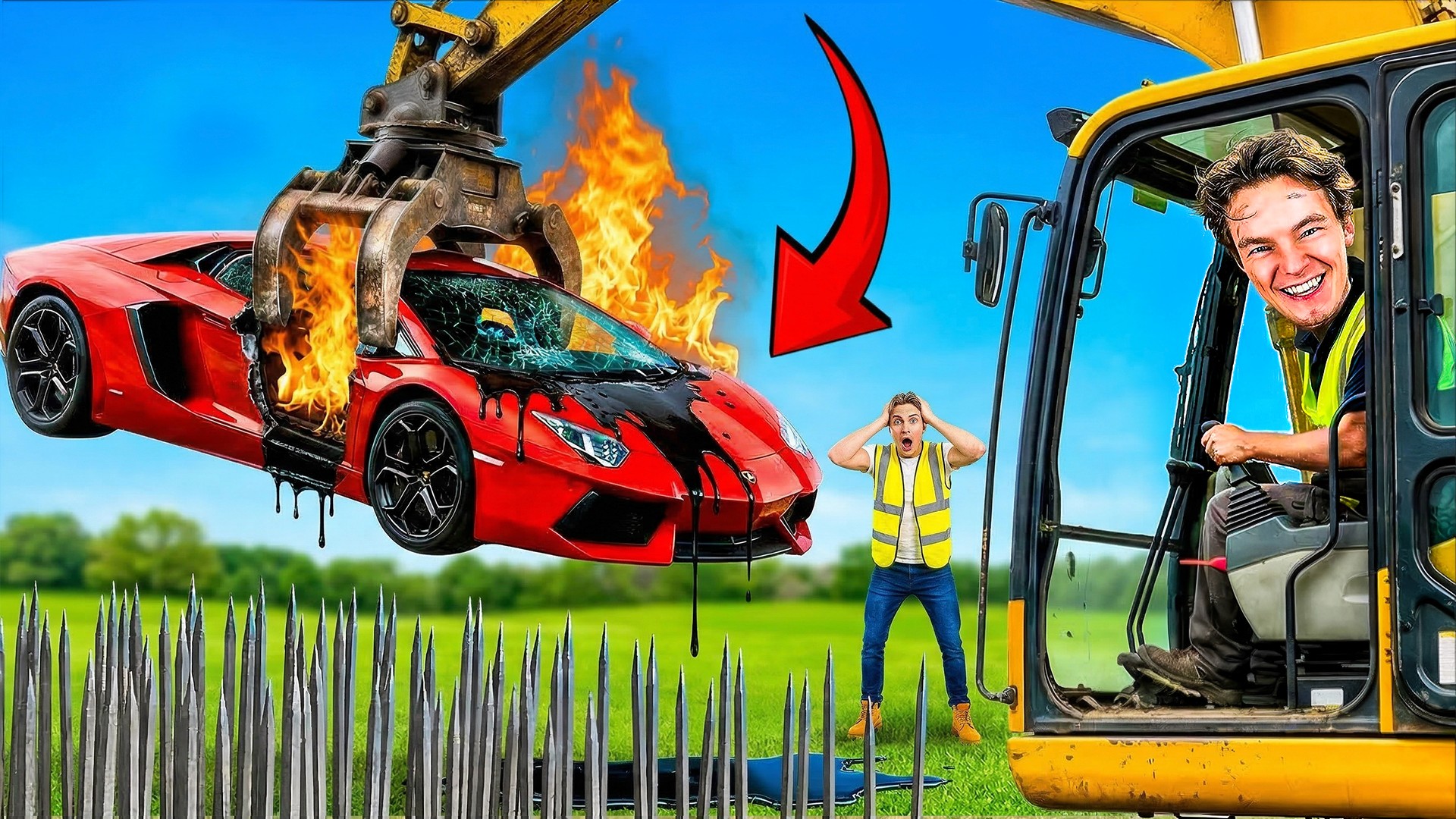 Viral destruction YouTube thumbnail with flaming red Lamborghini lifted by excavator, two reacting characters — over-the-top action thumbnail with motion and chaos