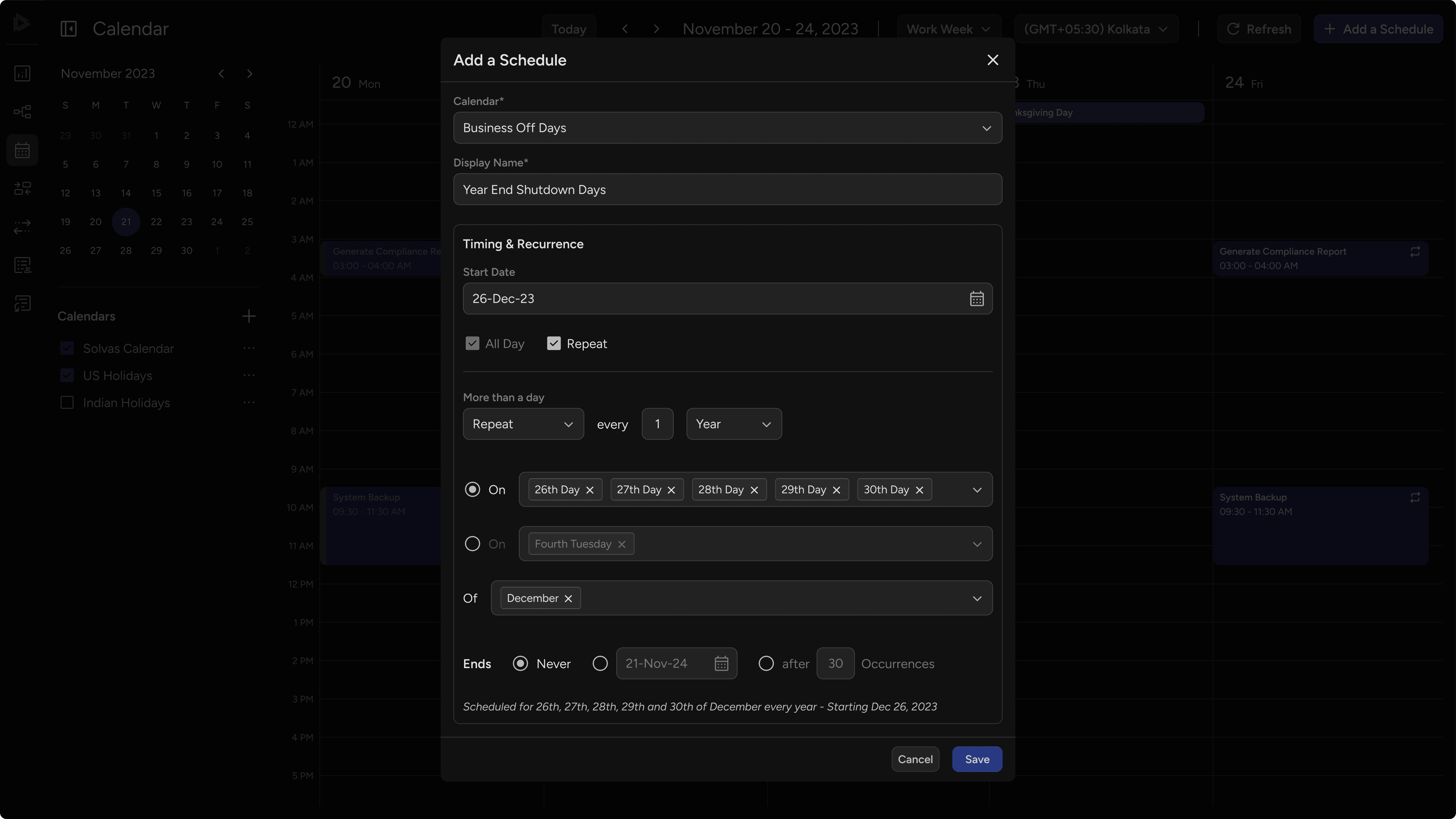 Form to create a user calendar event for marking business off days with recurrence settings