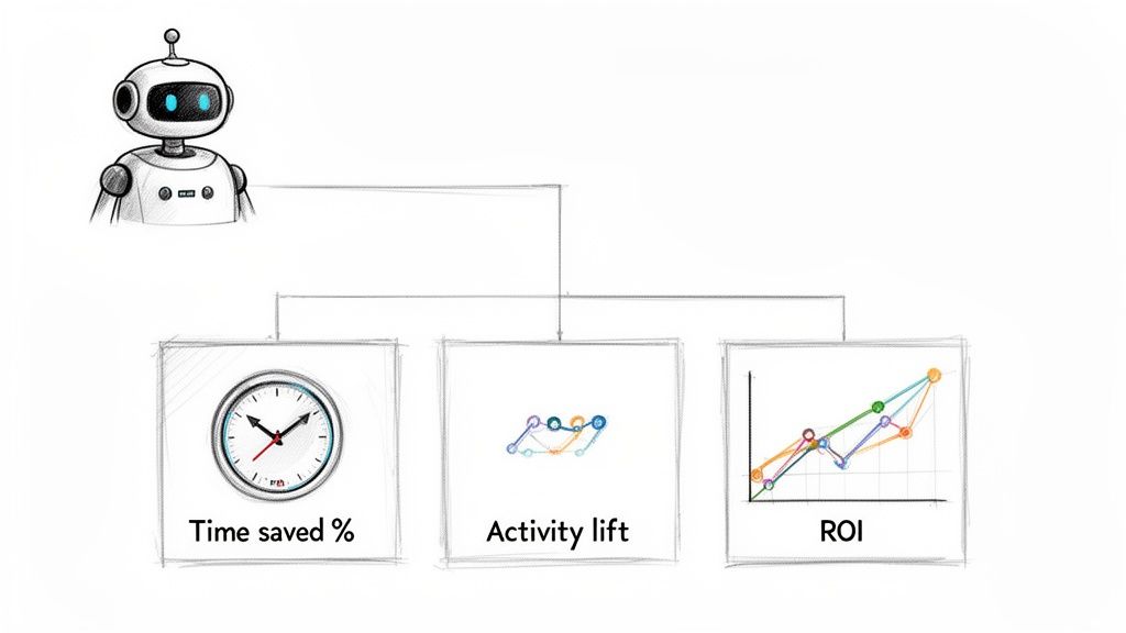 A diagram showing a robot connected to boxes illustrating 'Time saved %', 'Activity lift', and 'ROI'.