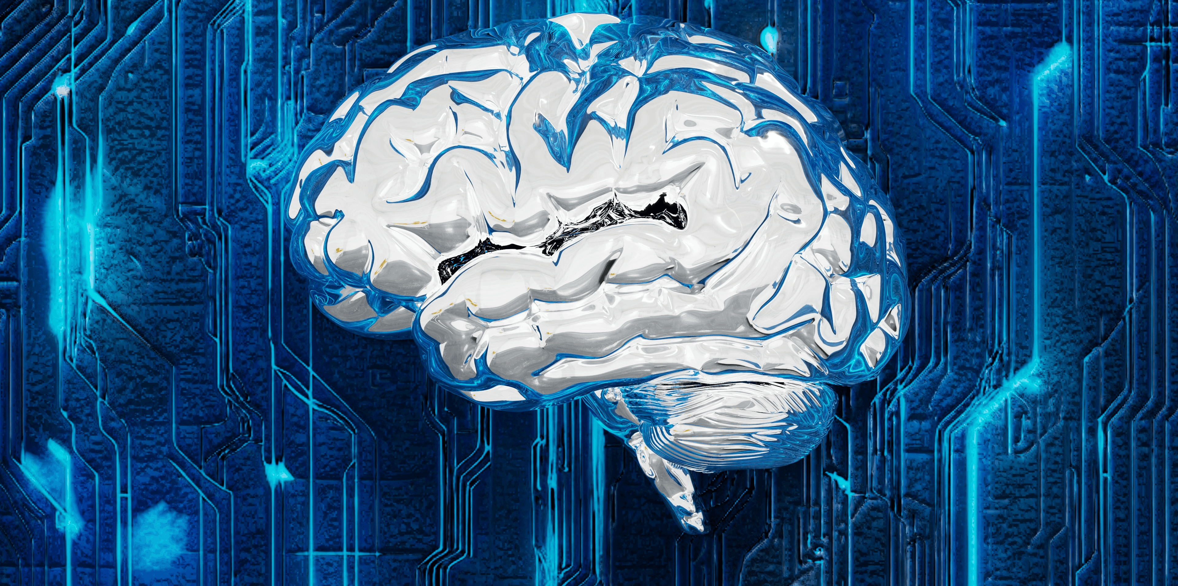 A computer circuit board with a brain on it