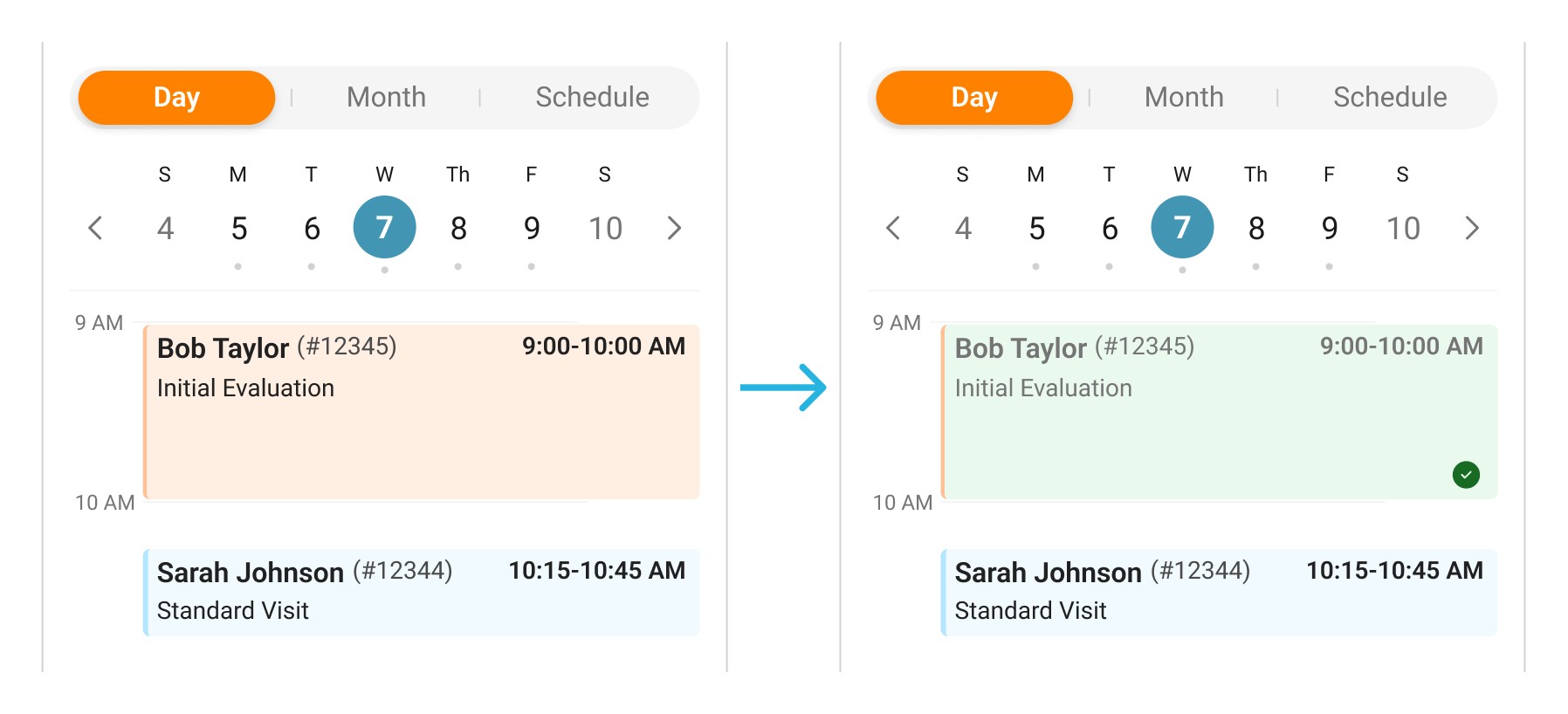 Image showing appointment card color shift from orange to green to indicate arrived status