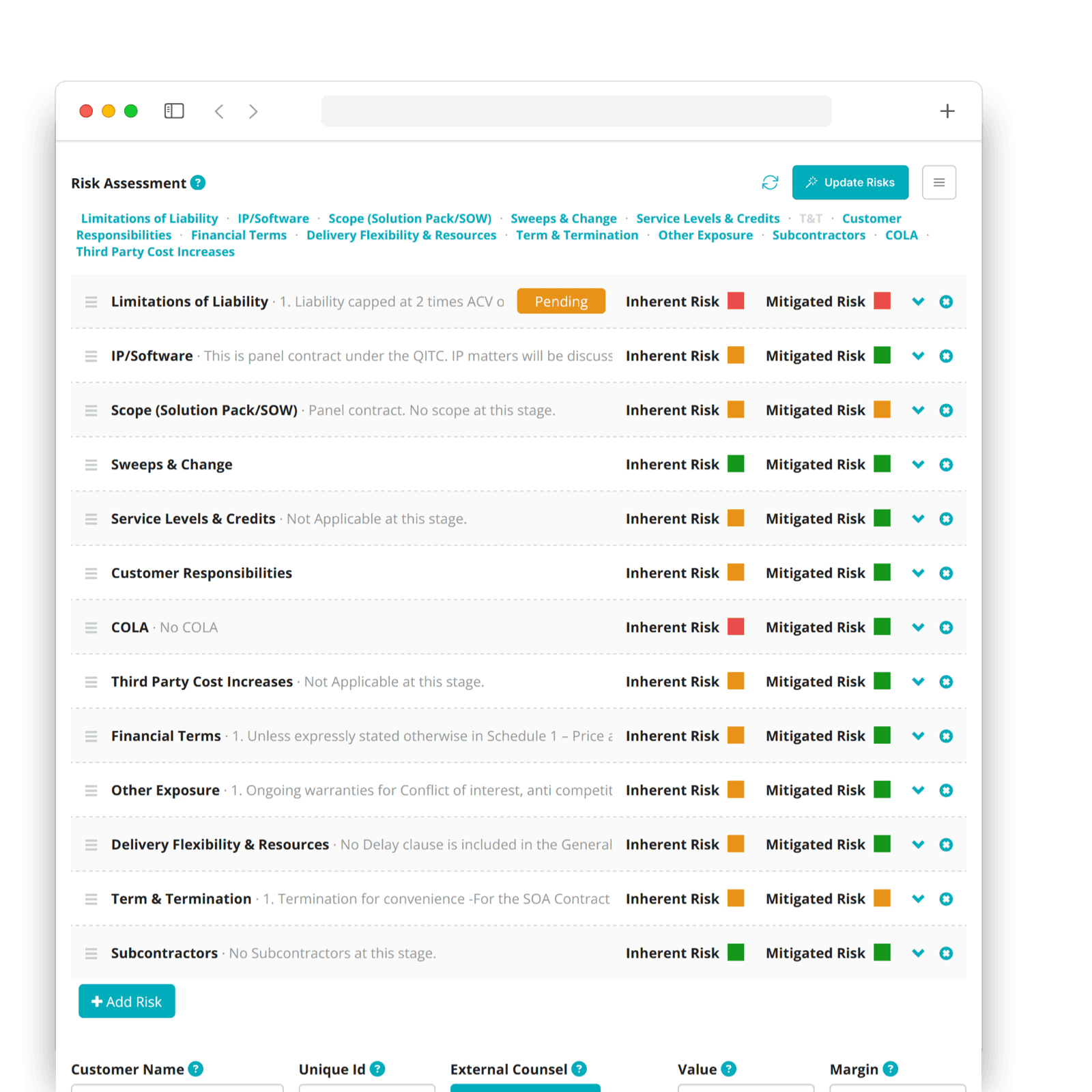 Matters Risk Assessments screen