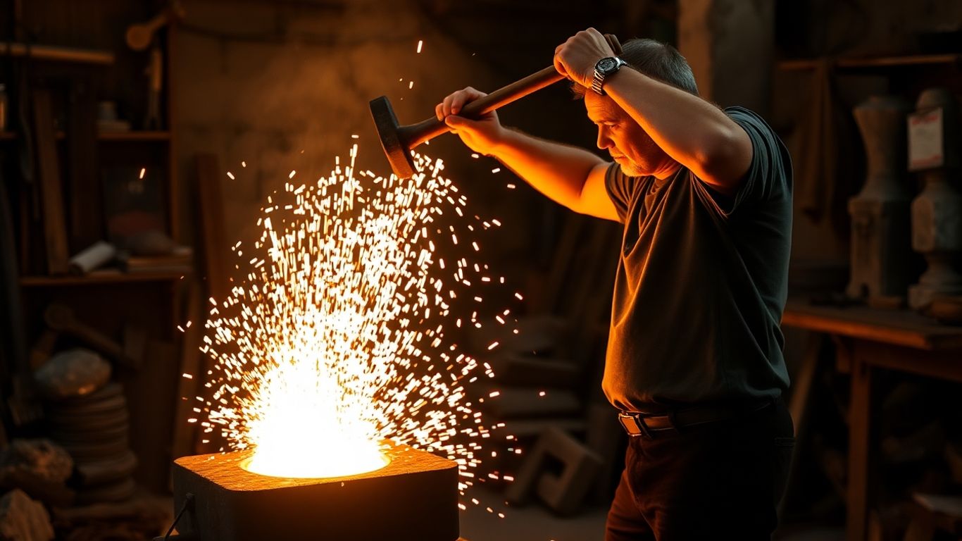 Person forging metal at a fiery forge.
