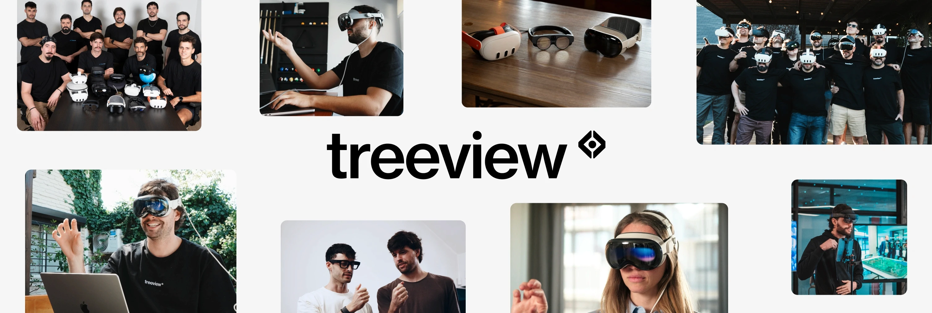 Treeview logo with team photos and close-ups of VR and mixed reality headsets used for enterprise training development