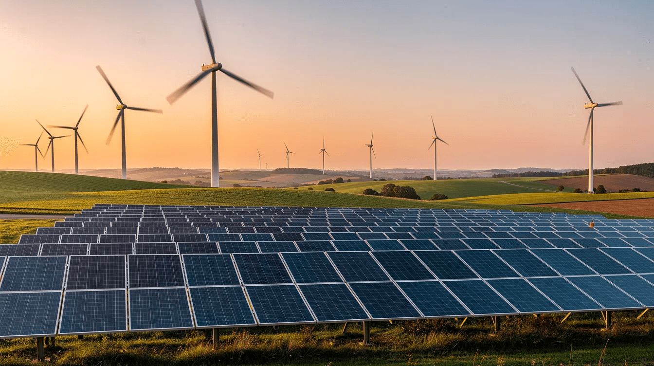 The image depicts a landscape filled with wind turbines and solar panels, symbolizing a modern renewable energy infrastructure. This representation of alternative investments highlights the shift towards sustainable energy solutions, emphasizing the importance of diversifying portfolios beyond traditional asset classes like stocks and bonds.