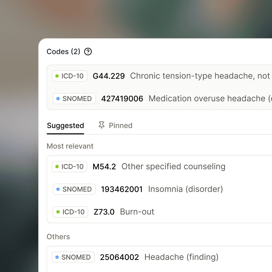 Tandem Coding Assistant suggesting diagnosis and procedure codes alongside a clinical note, with codes ranked by relevance.