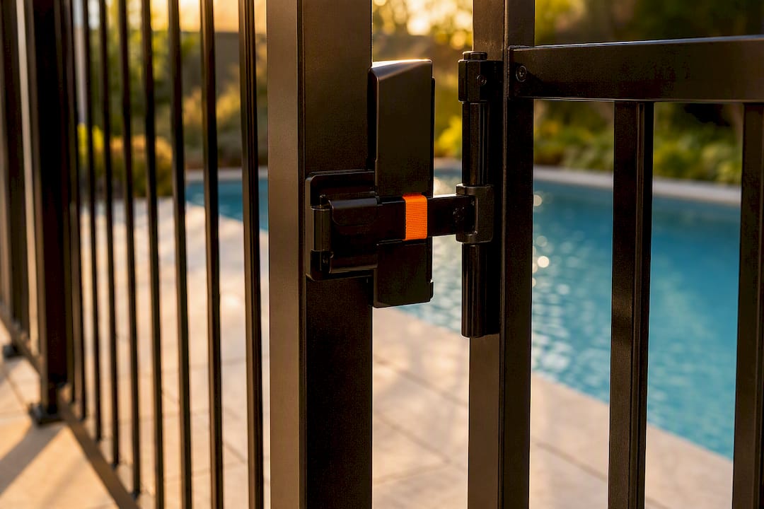 Puerta de seguridad cerrada junto a la piscina
