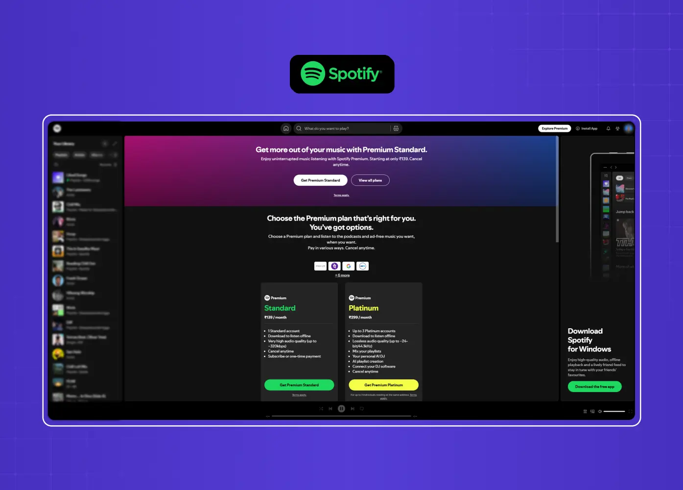 Spotify Premium plans page displaying multiple subscription options, pricing, and plan comparisons in a dark-themed interface.