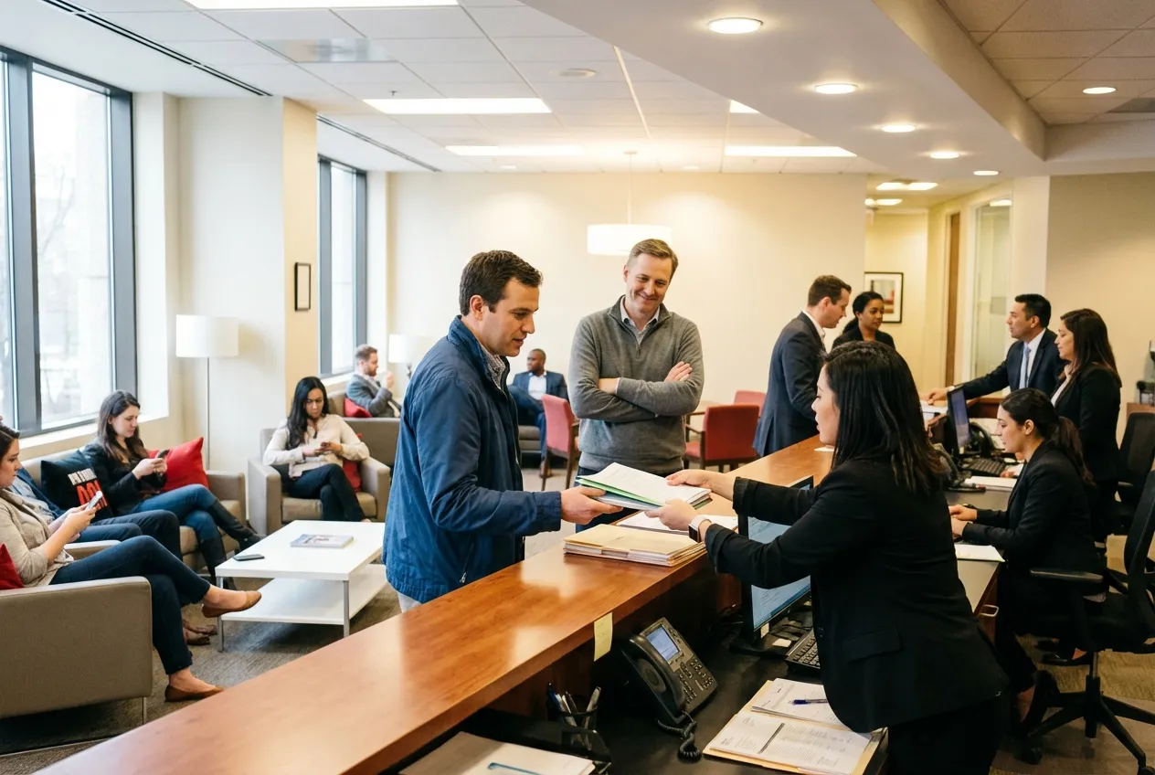 Professional office with people at desks and chairs, RockN' Socials Digital Marketing Agency.