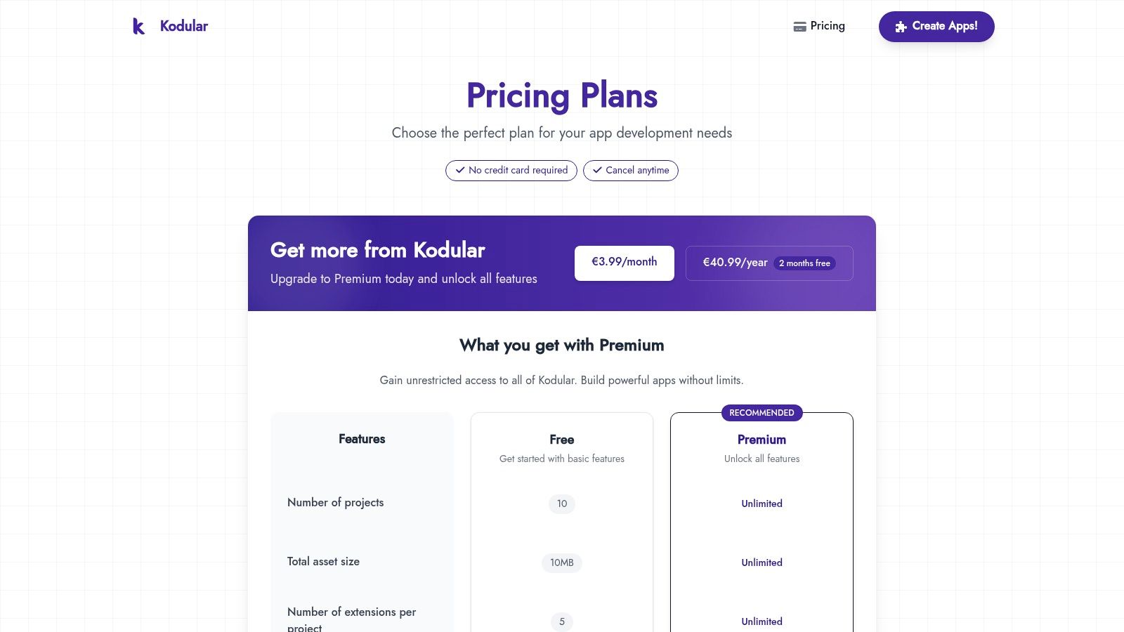 Kodular pricing plans