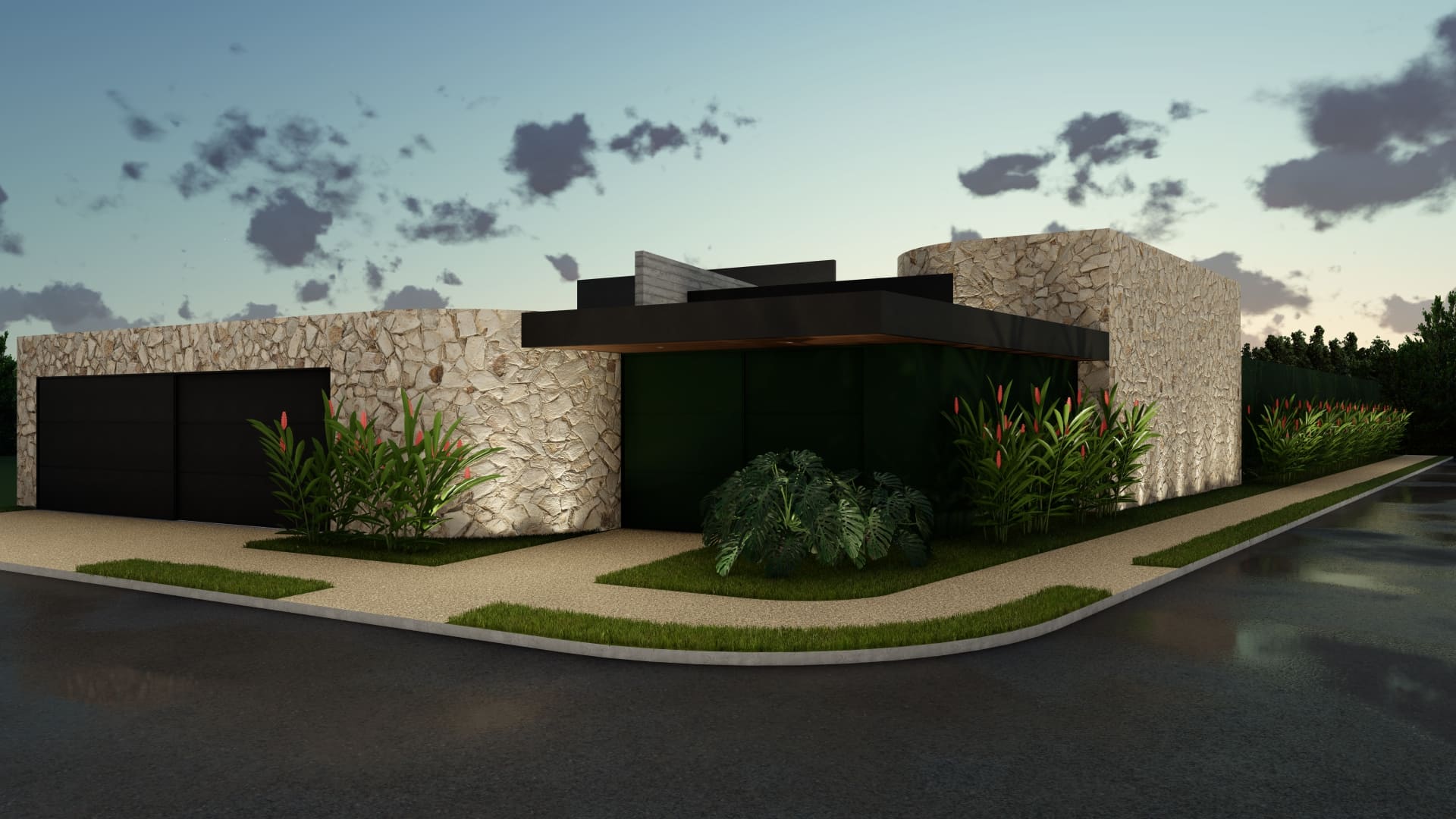 Projeto arquitetônico de casa de festas desenvolvido pela Meraki Arquitetura, com salão principal, forro curvo e claraboia voltada para o sol da manhã.