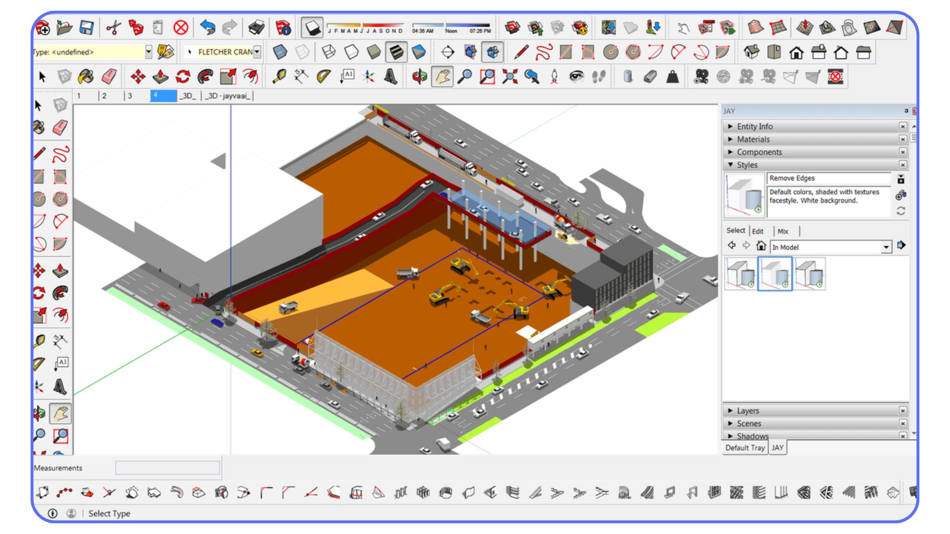 SketchUp Pro interface displaying a detailed construction site model with tools, trays, and modeling panels.